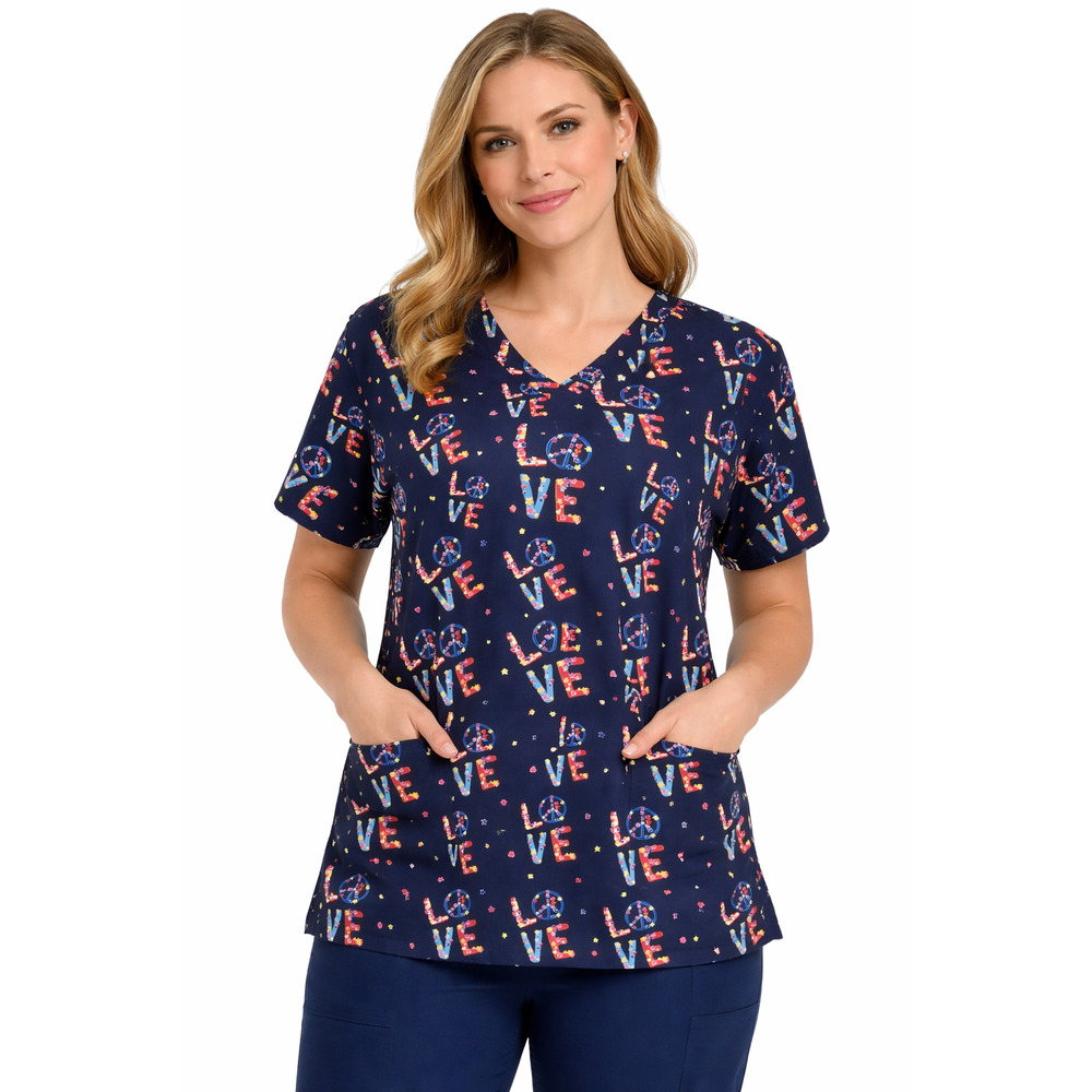 Womens Love Print Scrub Top Navy Blue V-Neck Peace Sign Nurse Uniform Size 2X